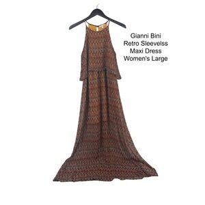 GB‎ Geometric Print Halter Maxi Dress Tiered Ruffle Orange Brown Women's L